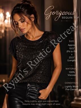 Gorgeous Black Sequin Top Women’s Short Sleeve Party Club Blouse Lightly Worn DK